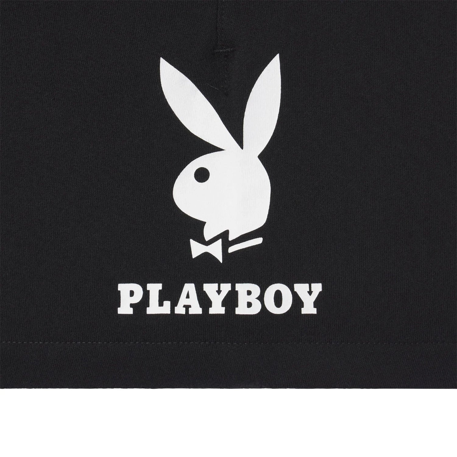 Black men's sweat shorts with white bunny logo and PLAYBOY text on front