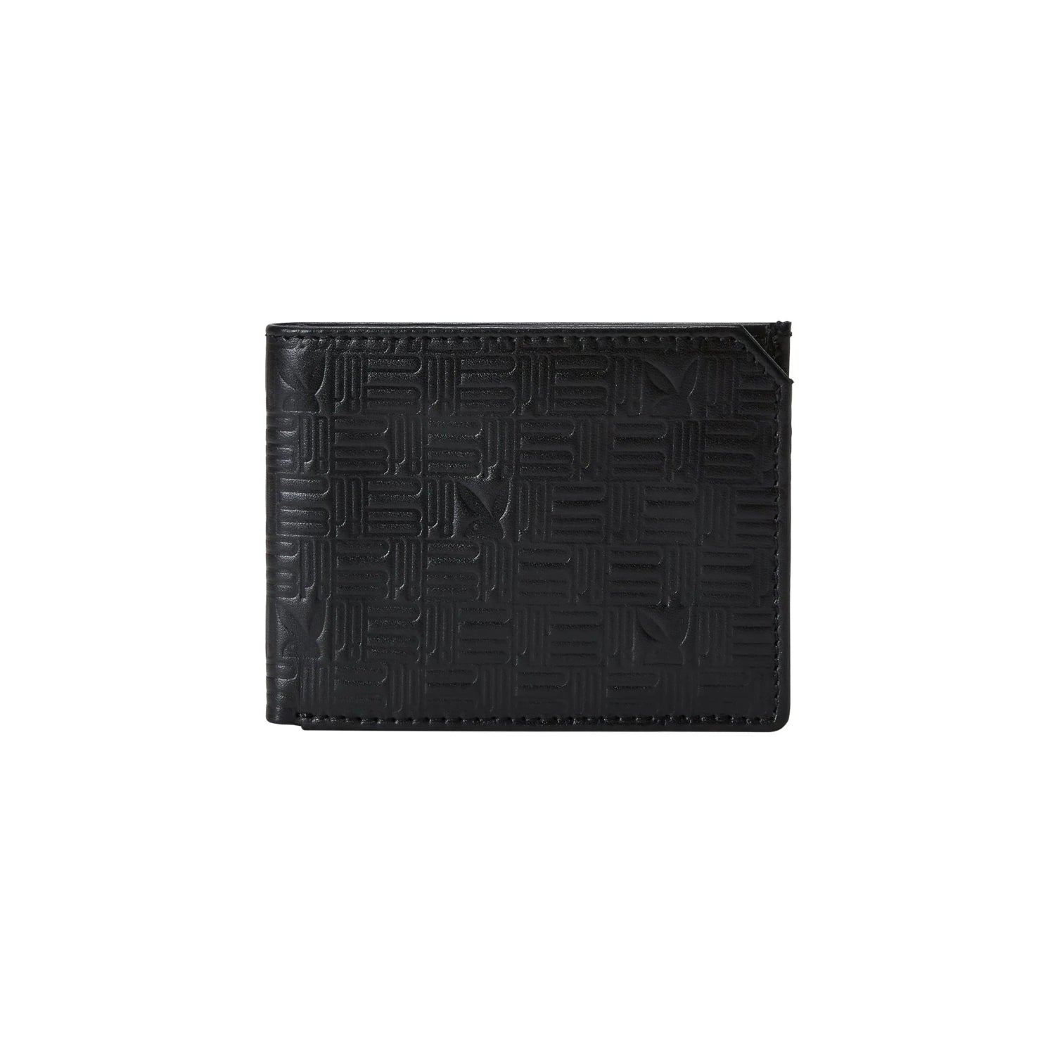 Black men's slim fold wallet with embossed geometric pattern on white background