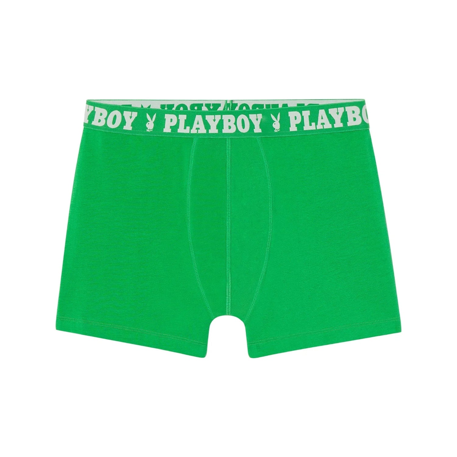 Green men's boxer briefs with logo waistband and bunny graphic, isolated on white background