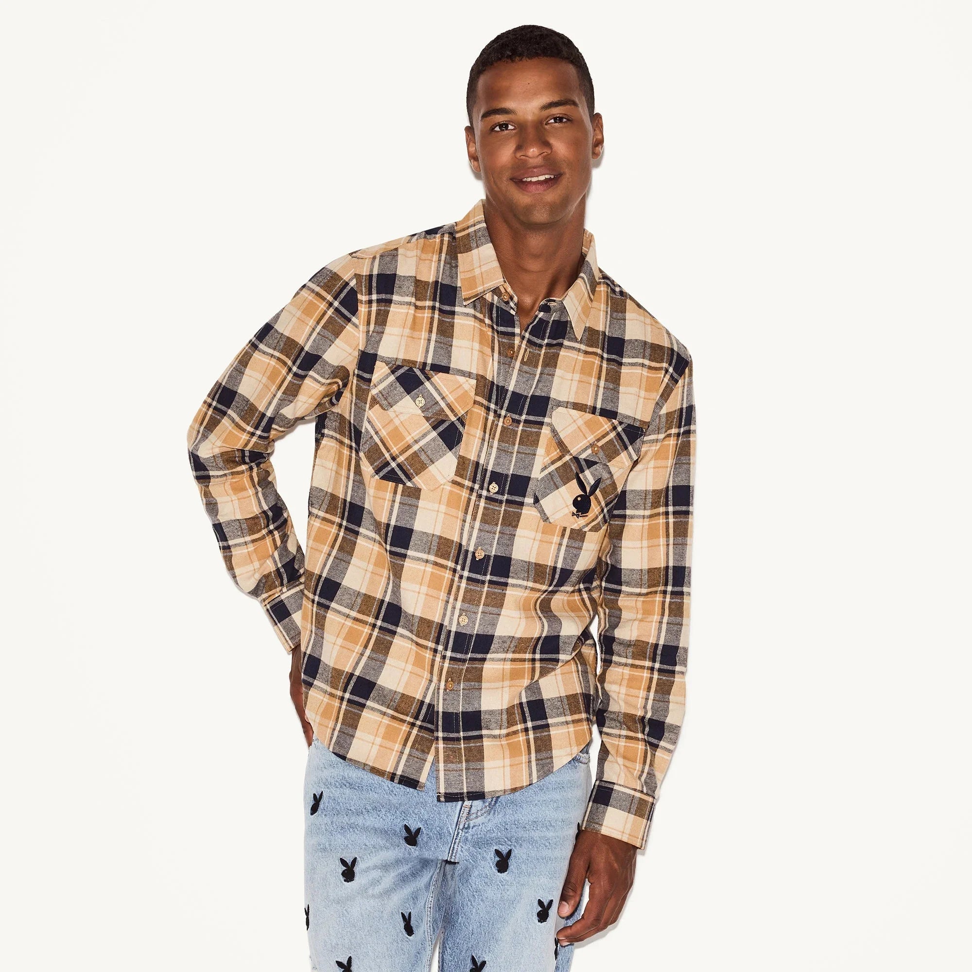Men's beige and navy plaid flannel long sleeve shirt with front chest pockets