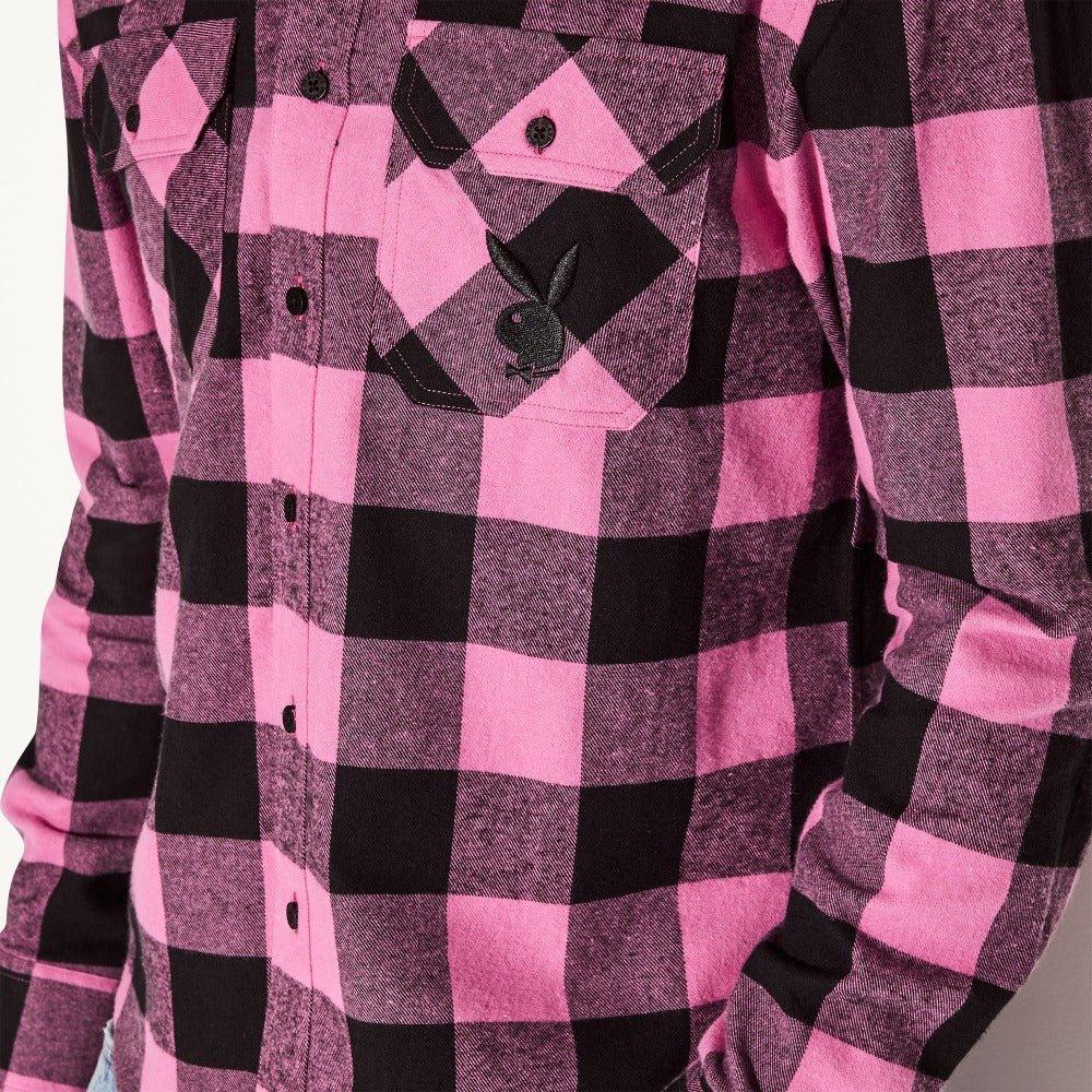 Men's pink and black plaid flannel shirt with embroidered bunny logo on chest pocket.