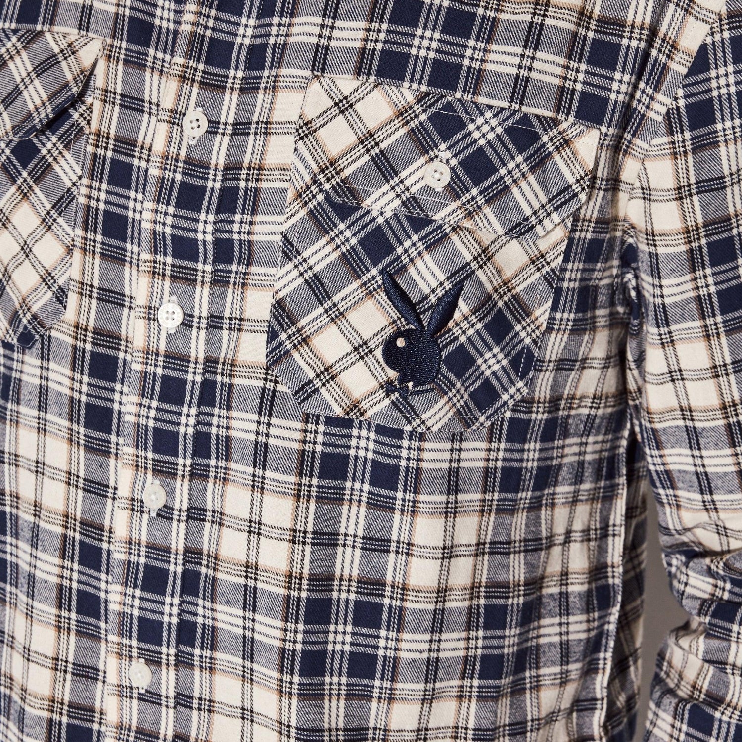 Men's navy and cream plaid flannel shirt with embroidered bunny on chest pocket