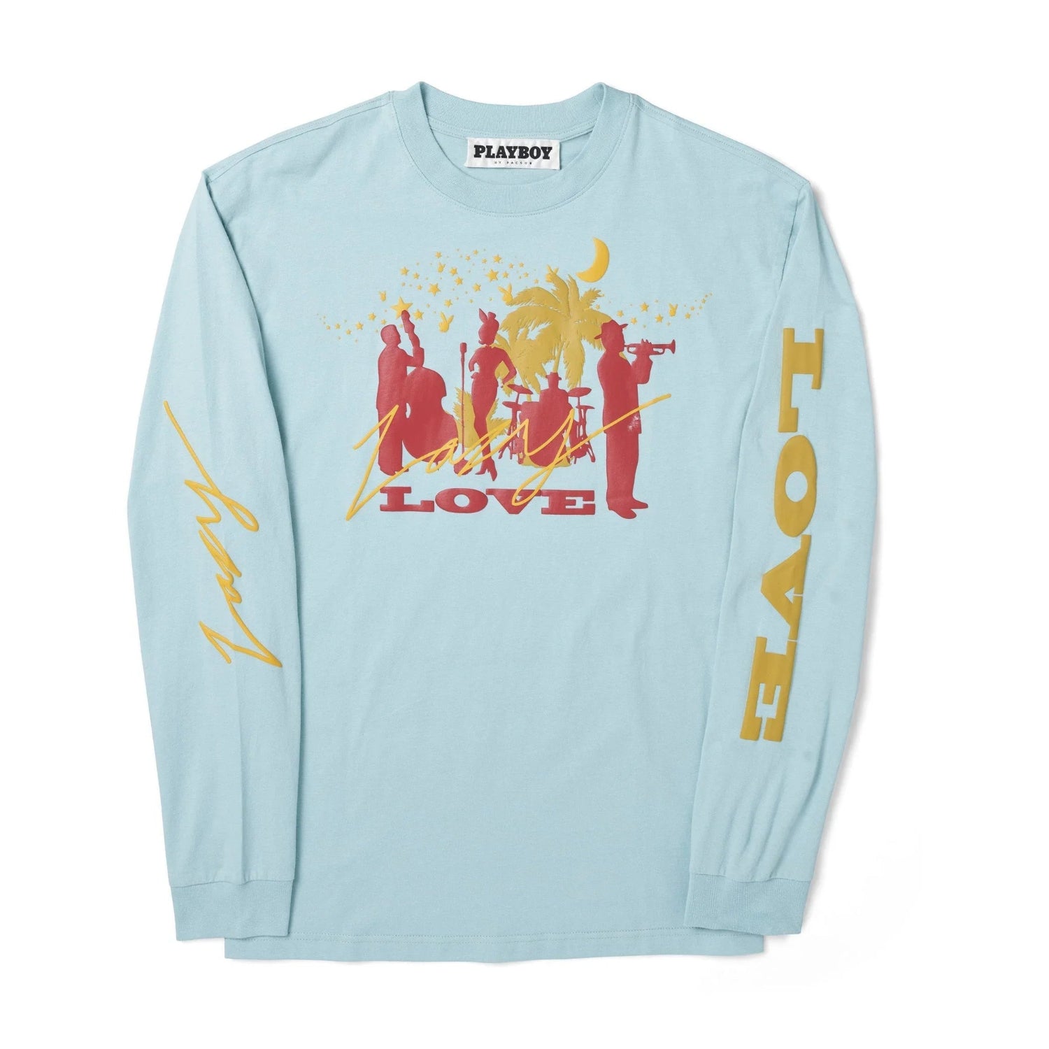 Light blue men's long sleeve t-shirt with jazz band, palm tree, and 'LOVE' graphic print.