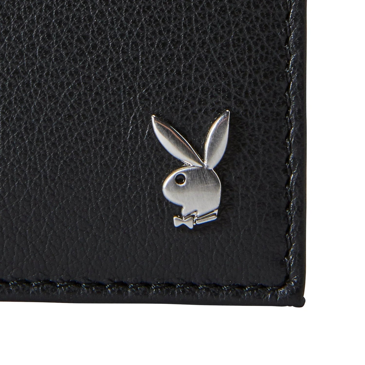 Close-up of black leather men's front pocket wallet with silver bunny logo emblem