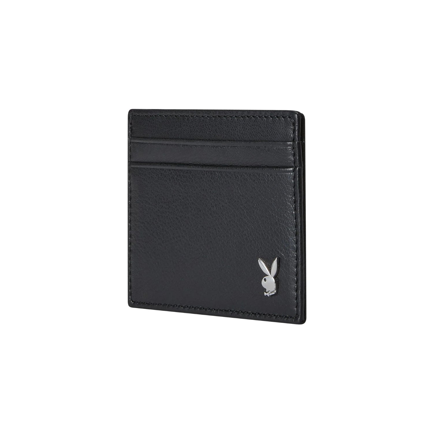 Black men's leather front pocket wallet with metal bunny logo and card slots