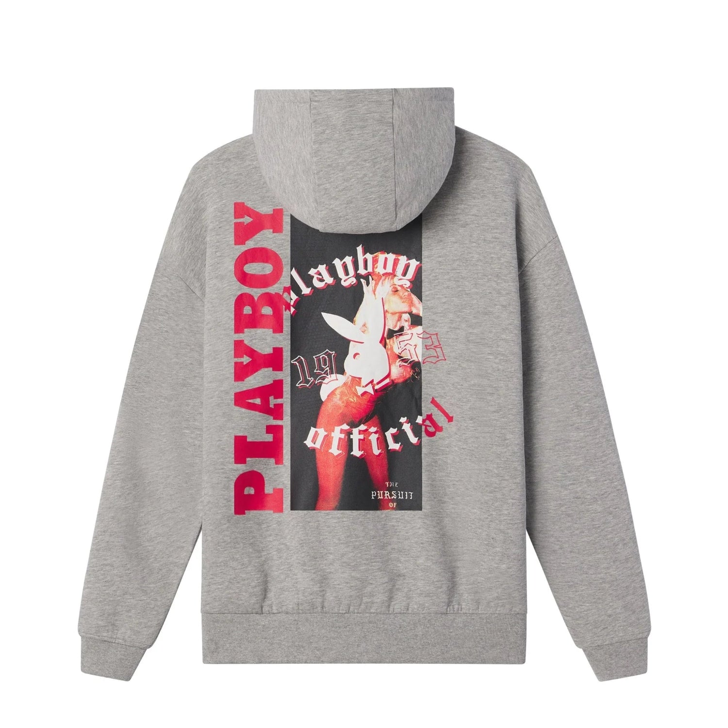 Gray men's hoodie featuring bold Playboy Bunny graphic and red lettering on the back.
