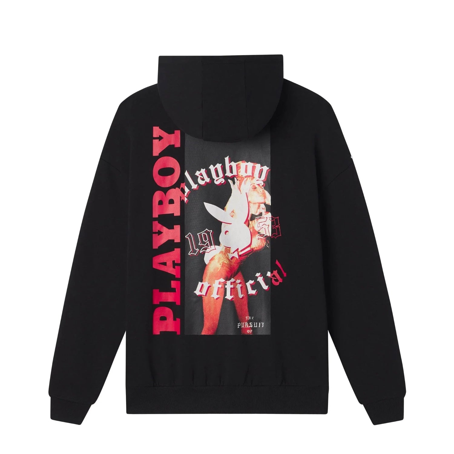 Black men's hoodie with bold Playboy graphic, red lettering, and vintage pin-up art on back