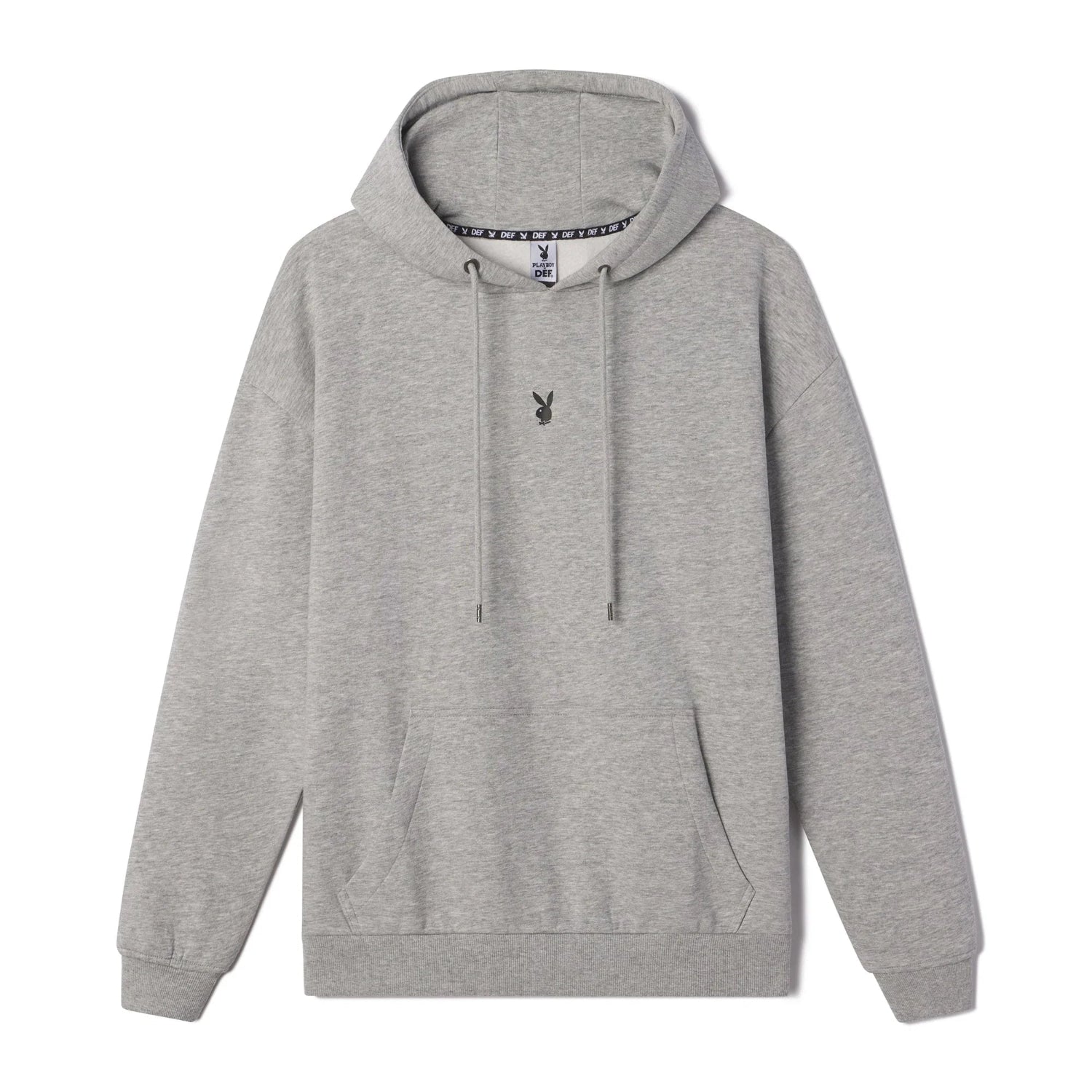 Grey men's hoodie with front kangaroo pocket and small embroidered bunny logo on chest