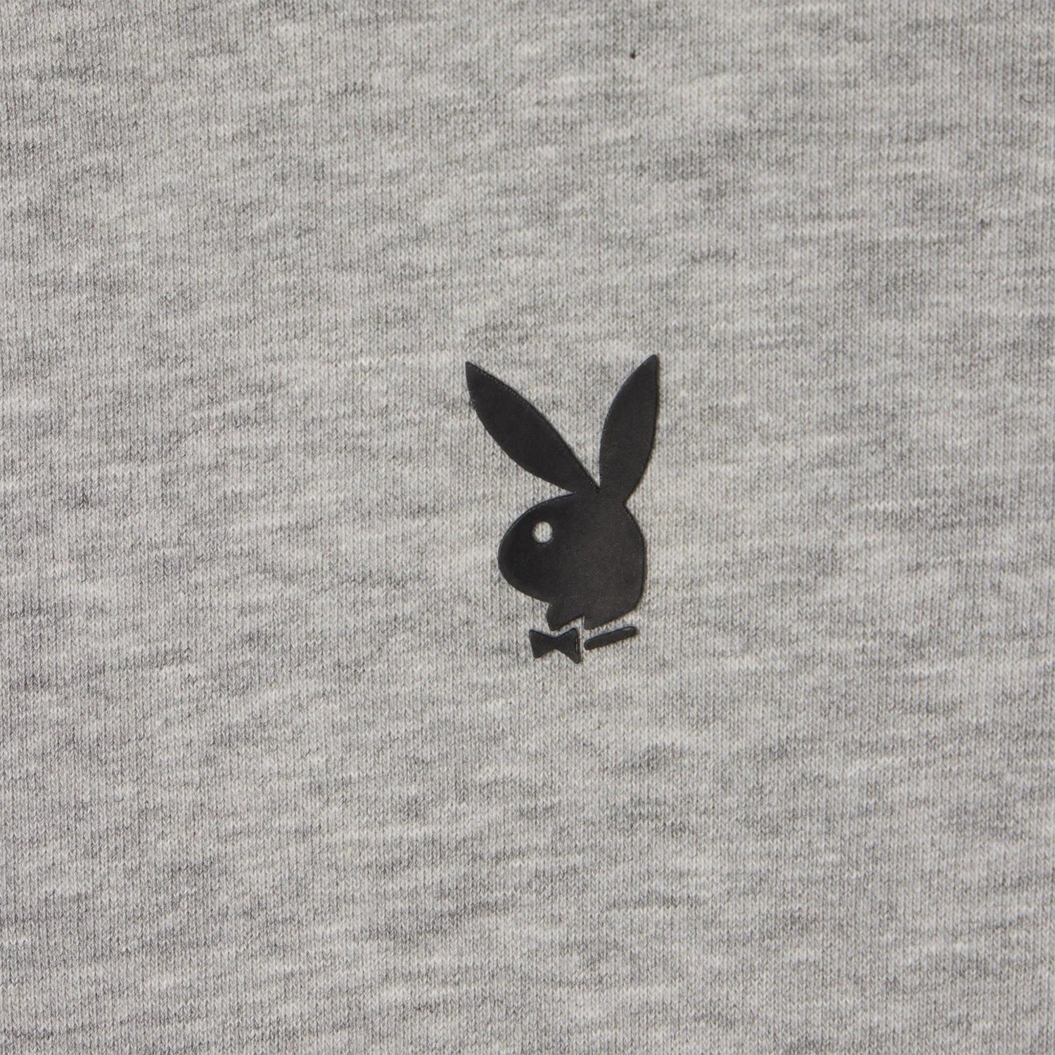Gray men's hoodie with a black bunny head logo and bow tie print on the chest