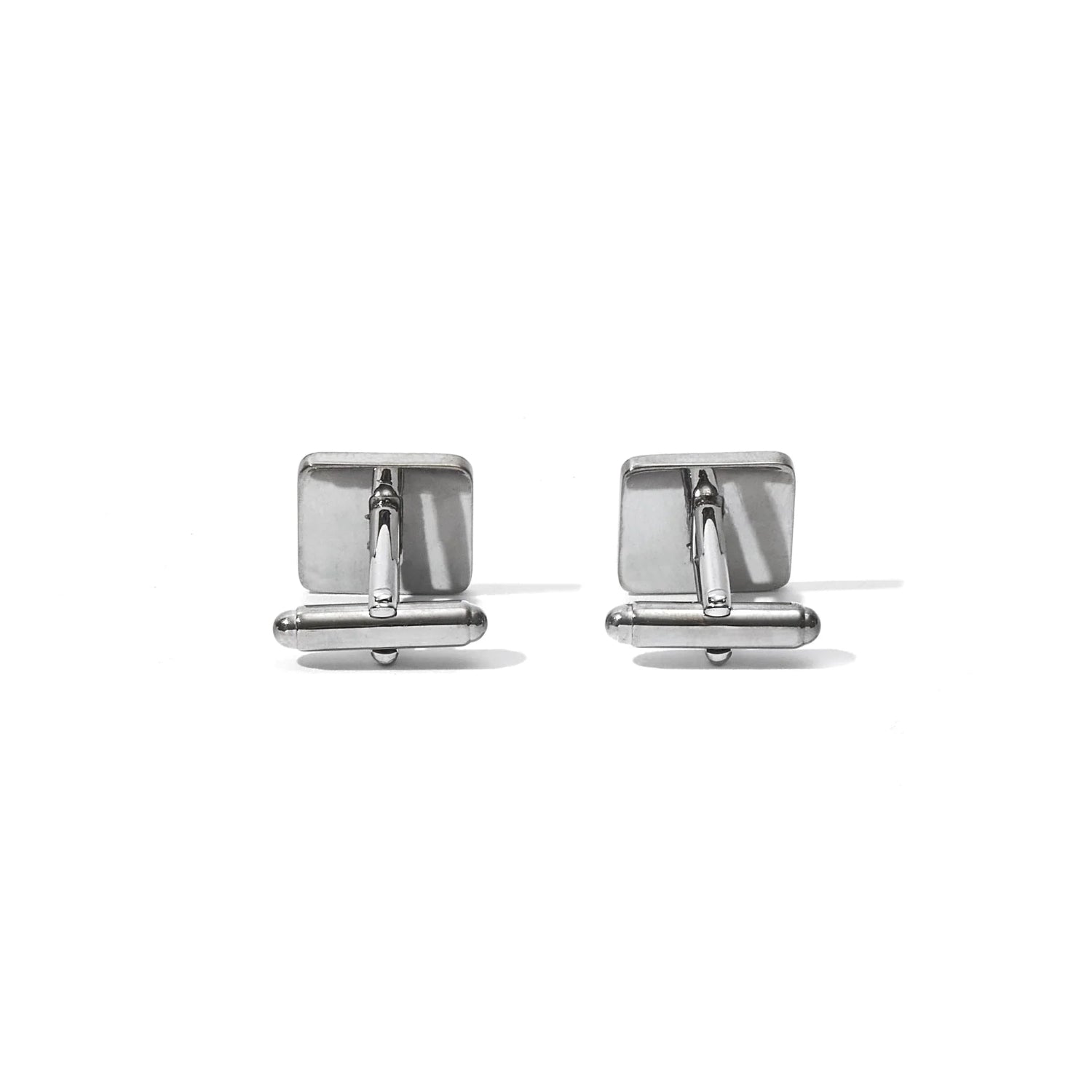 Pair of silver men's square cufflinks displayed on a white background.