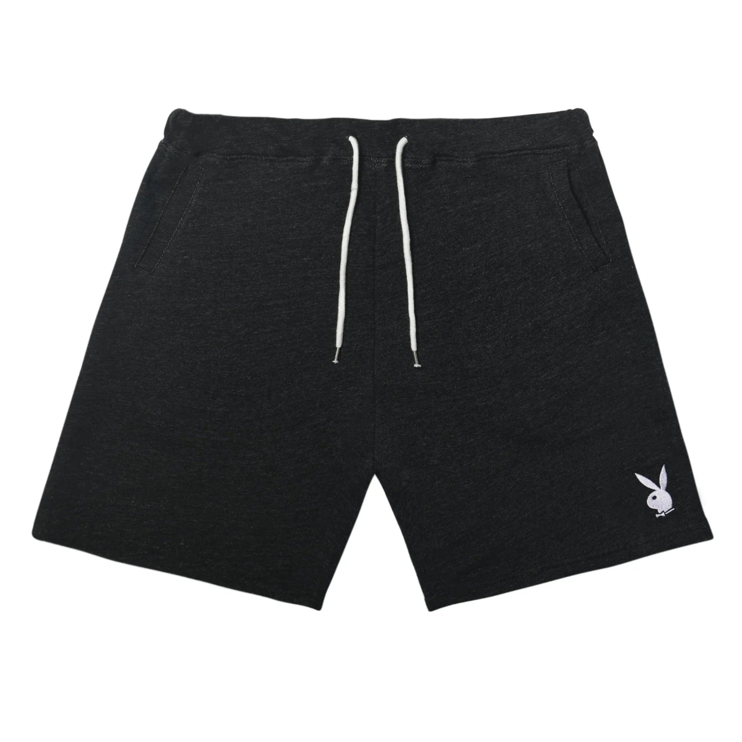 Men's black sweat shorts with drawstring and white rabbit head logo on the leg