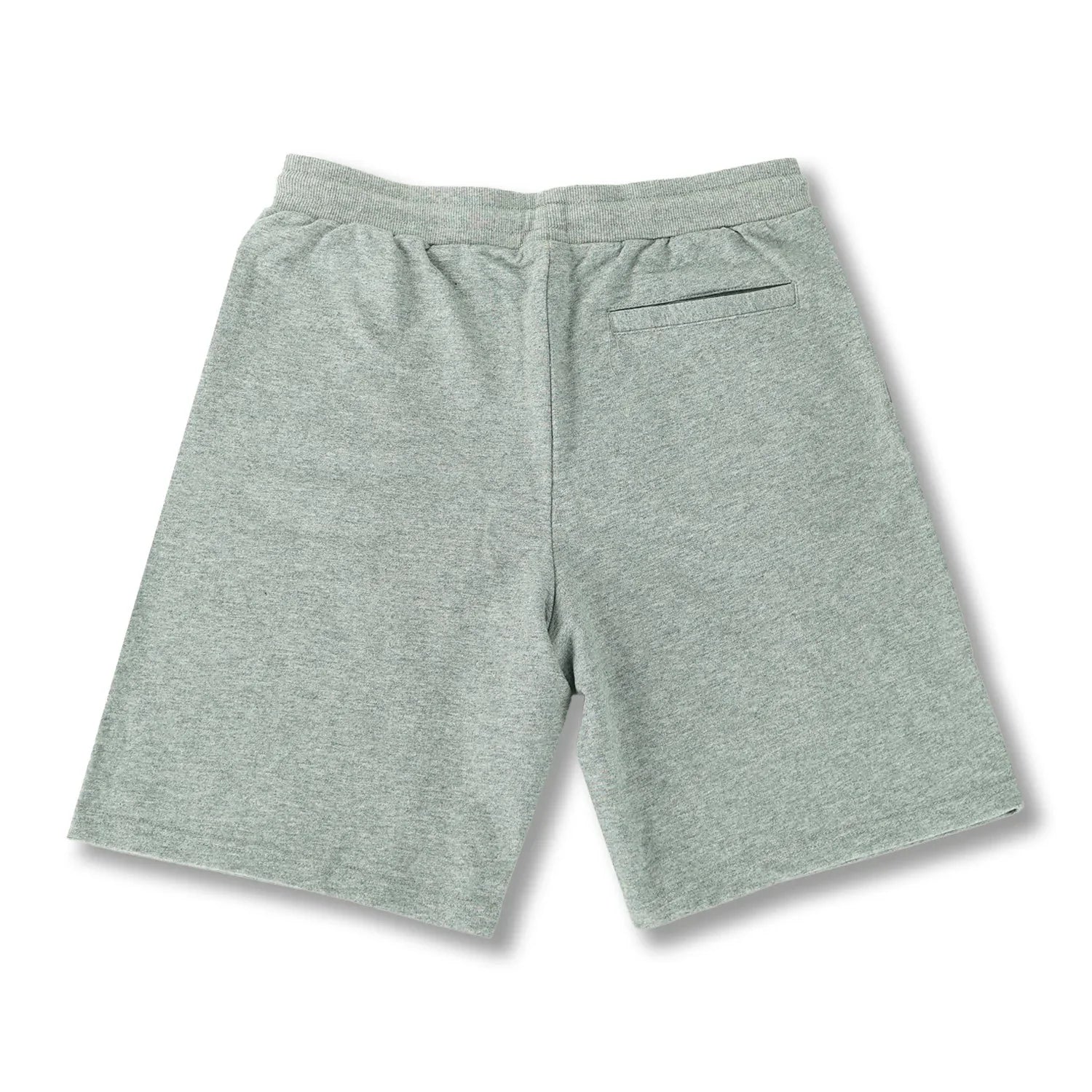Men's light grey sweat shorts with elastic waistband and back pocket, flat lay view