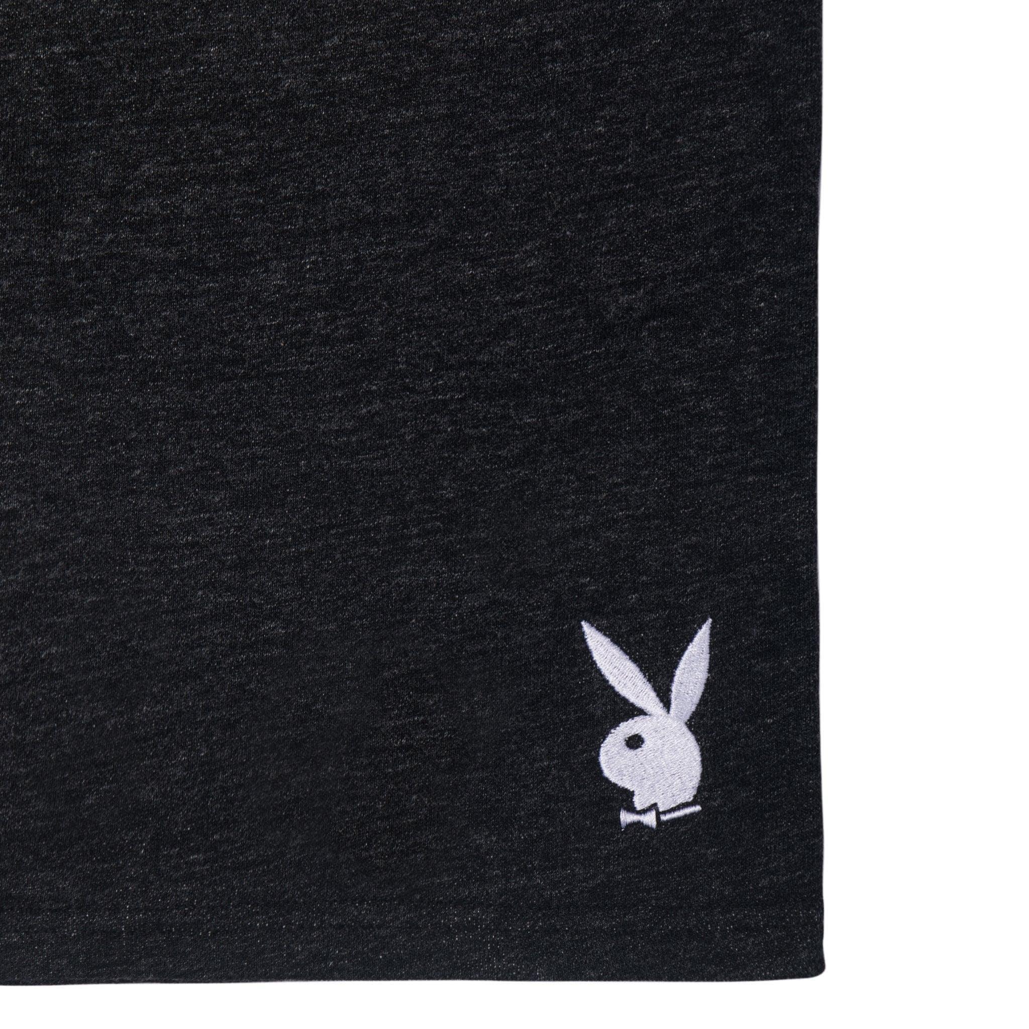 Black men's sweat shorts with white rabbit head logo embroidery on hem