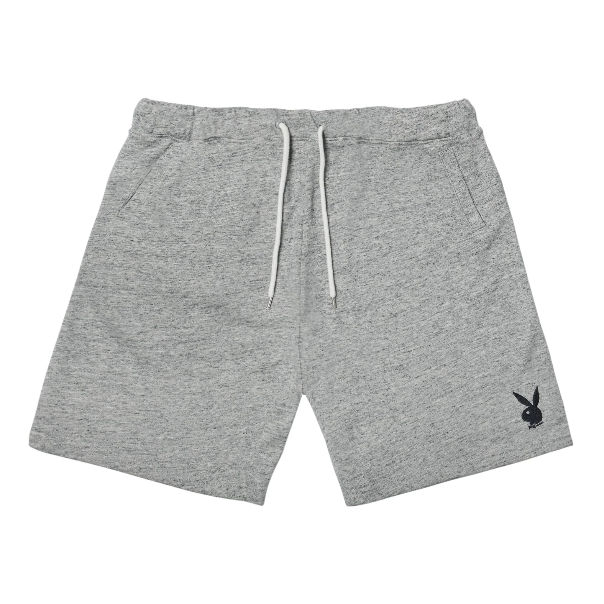 Men's grey sweat shorts with drawstring and black rabbit head logo
