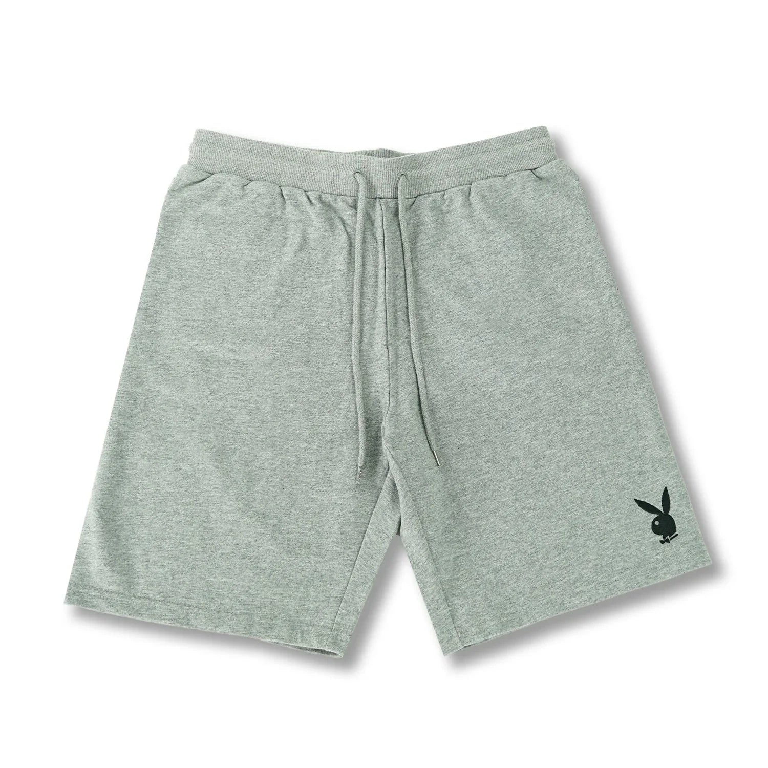 Men's grey sweat shorts with drawstring and black rabbit head logo on left leg