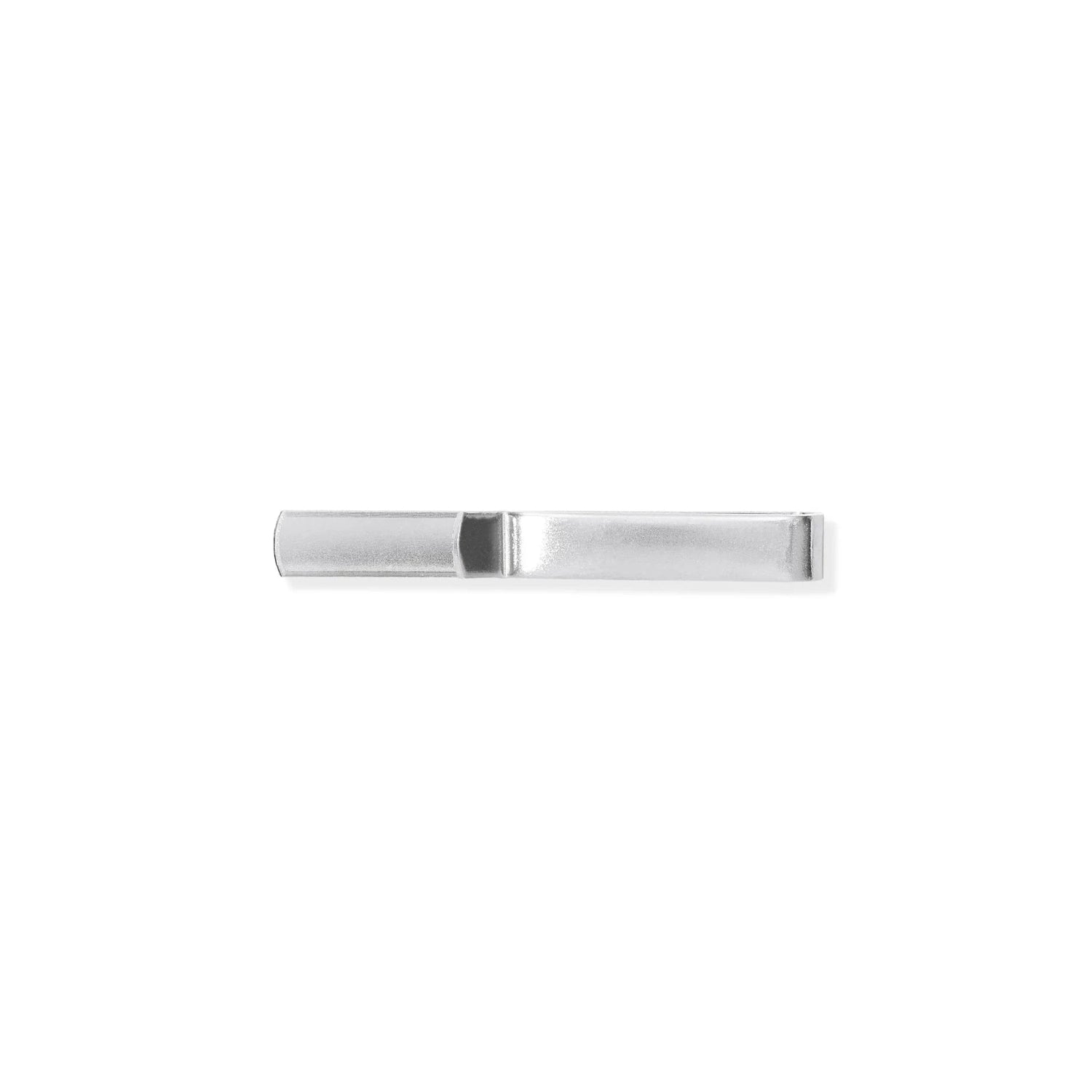 Silver men's tie clip with rabbit head detail on white background