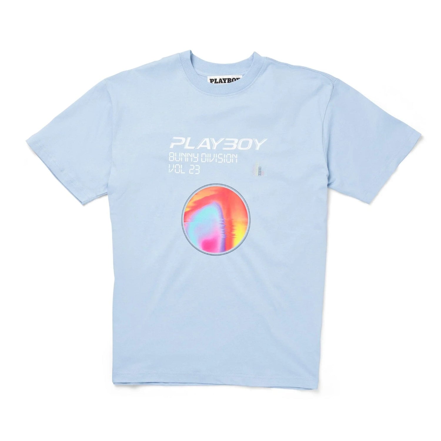 Light blue men's graphic t-shirt with PLAYBOY text and colorful circular design on chest