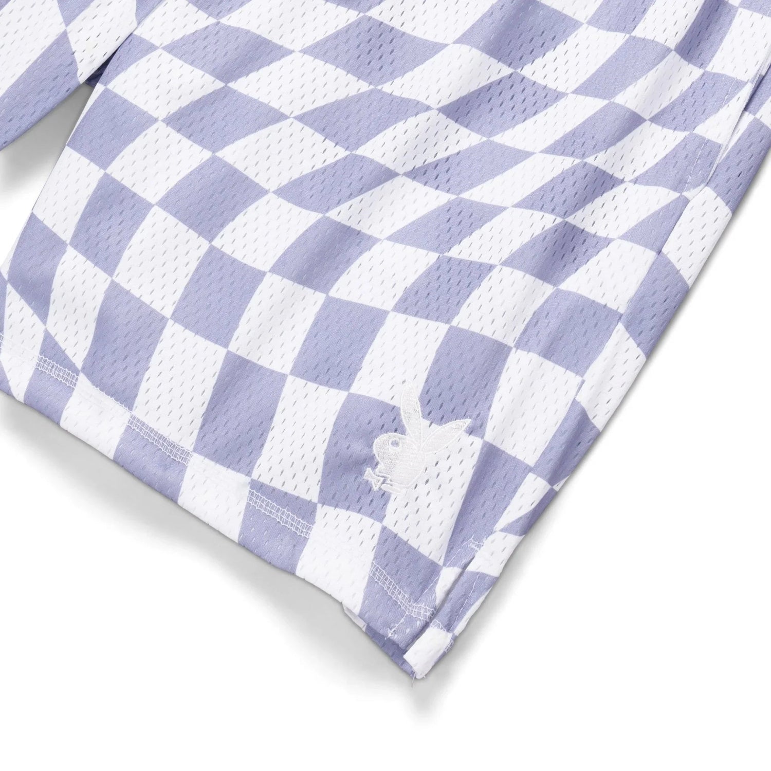 Men's wavy checker basketball shorts in light purple and white mesh with embroidered bunny logo