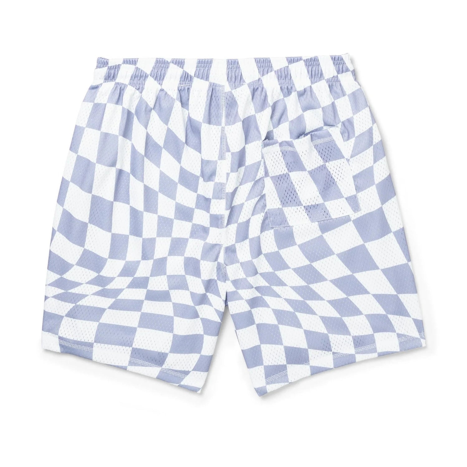 Men’s wavy checker basketball shorts with light blue and white pattern, mesh fabric