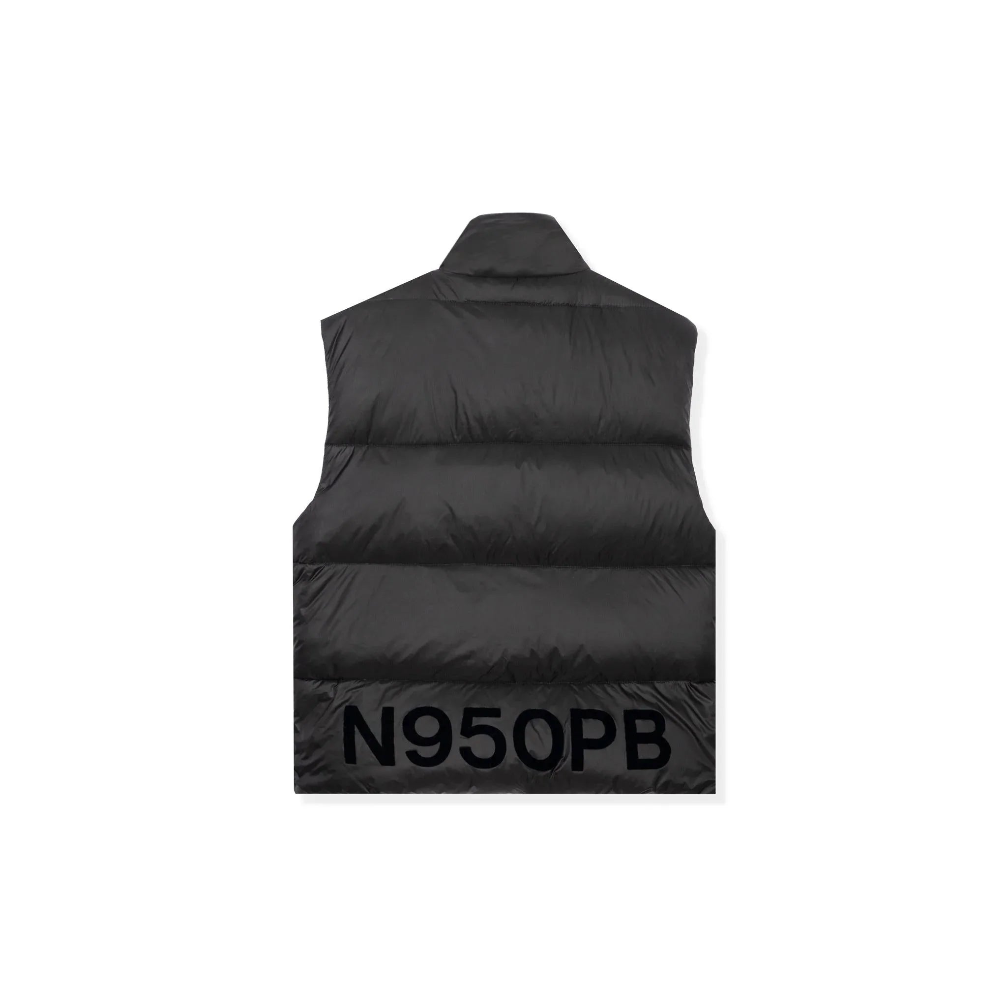Black puffer vest with N950PB text on the back, men's winter outerwear