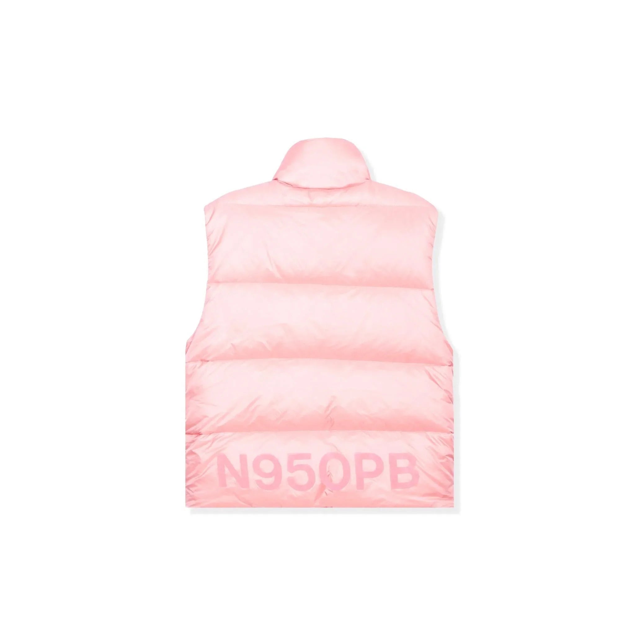 Back view of light pink puffer vest with N950PB text, sleeveless winter outerwear