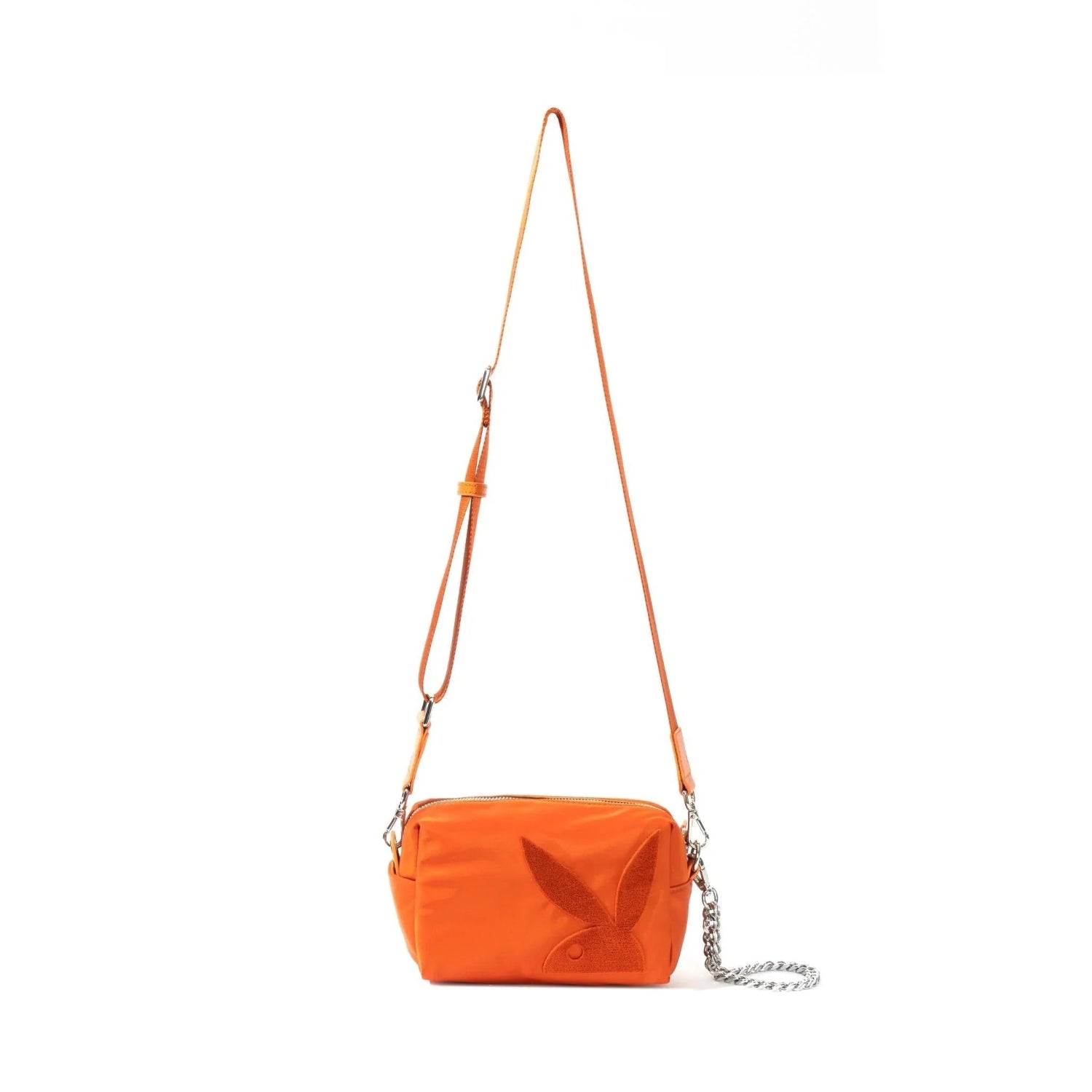 Orange nylon crossbody bag with long adjustable strap and bunny head graphic on front.