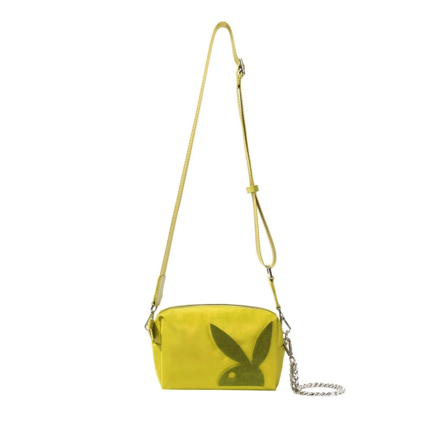 Yellow nylon crossbody bag with an adjustable strap and large bunny logo on white background
