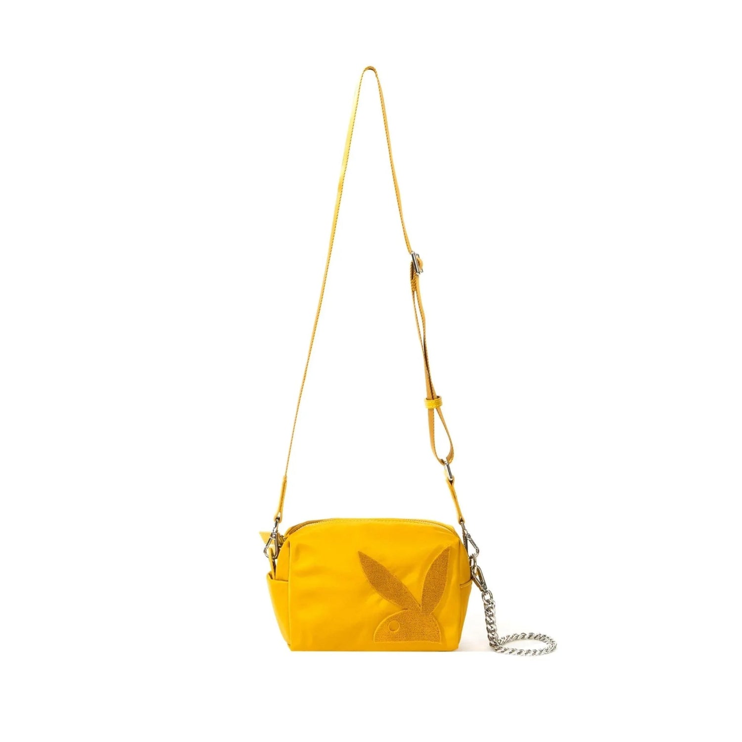 Yellow nylon crossbody bag with adjustable strap, metal chain, and bunny logo on front