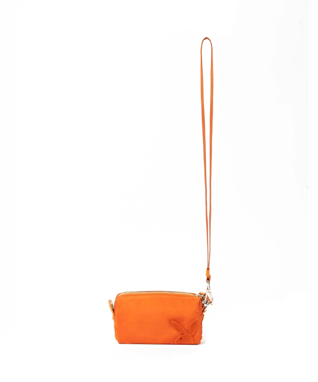 Orange nylon wristlet pouch with embossed bunny logo and detachable strap on white background