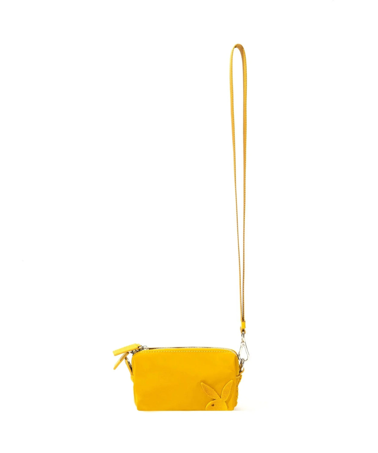 Yellow nylon pouchette with wrist strap and bunny logo detail on white background
