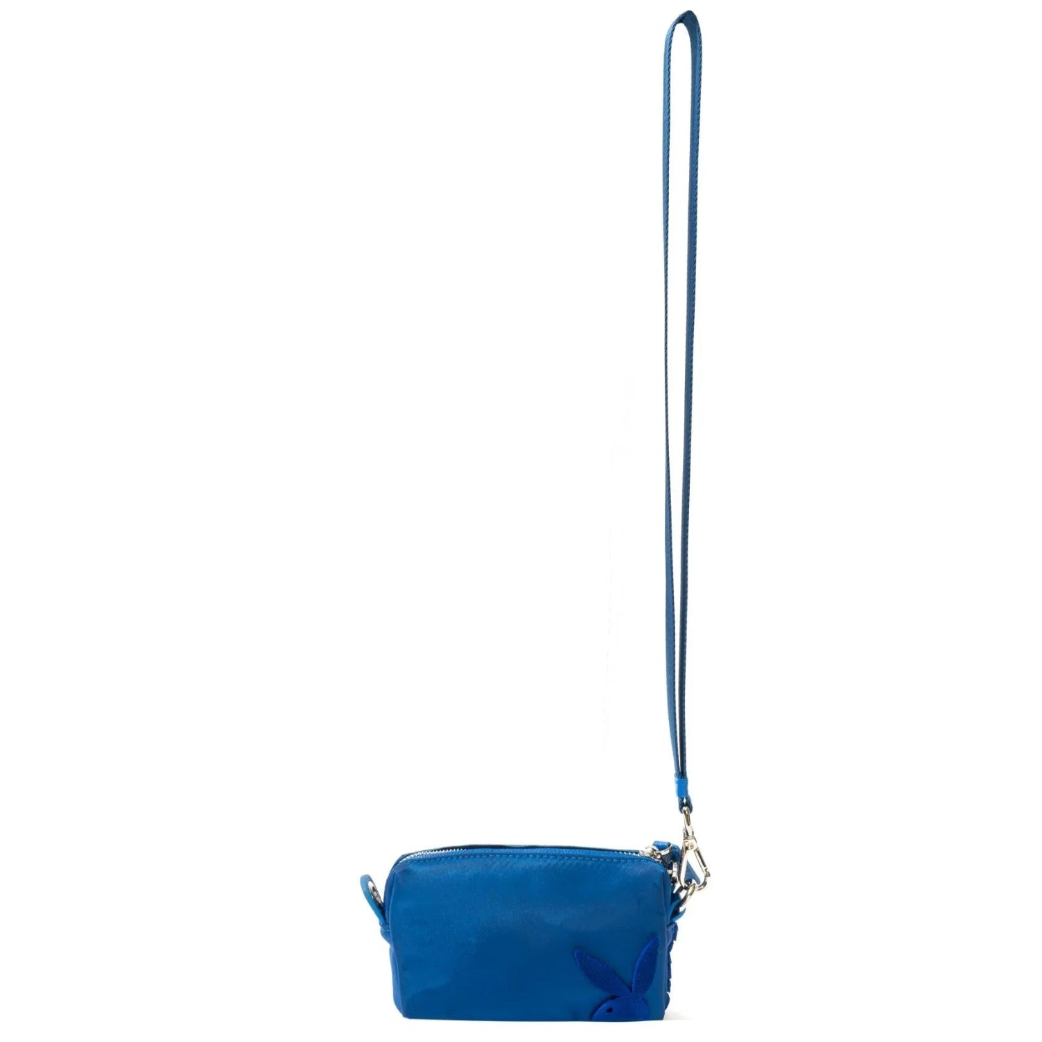 Blue nylon mini pouchette bag with wrist strap and bunny logo on front