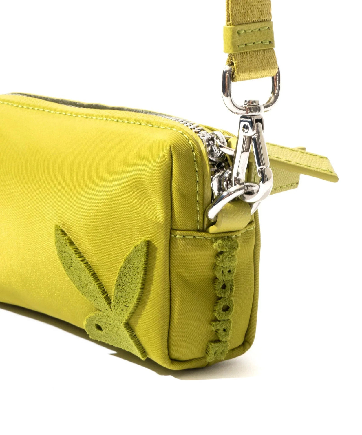 Green nylon pouchette bag with embroidered bunny logo, silver zipper and detachable strap