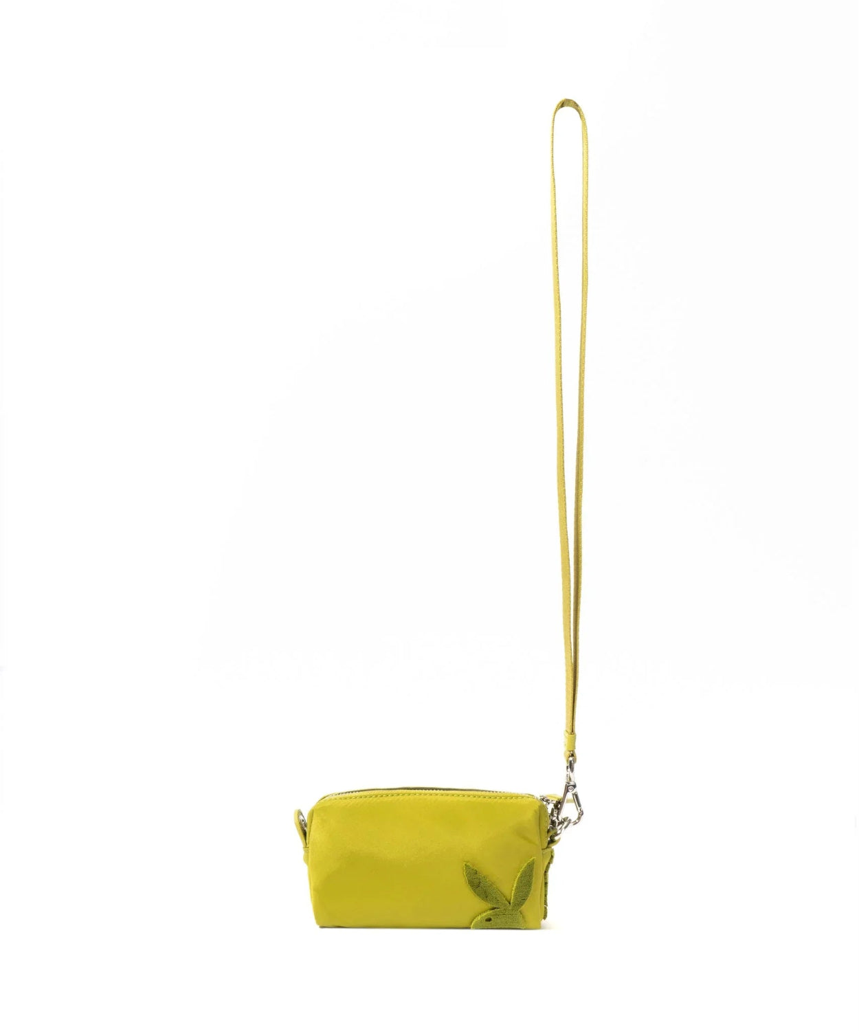 Yellow nylon pouchette with long strap and bunny logo on white background