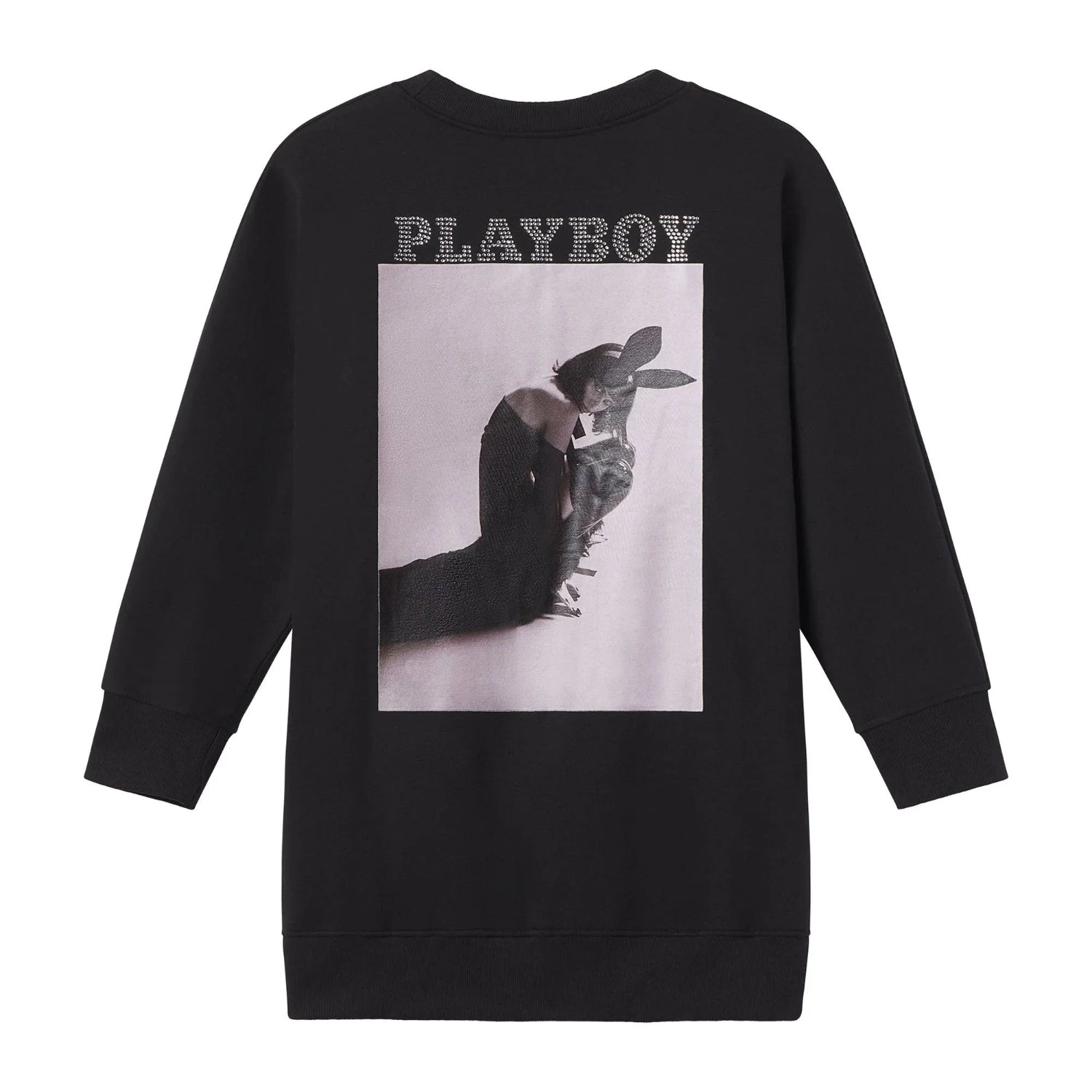 Black oversized crewneck sweatshirt with Playboy text and bunny graphic on the back