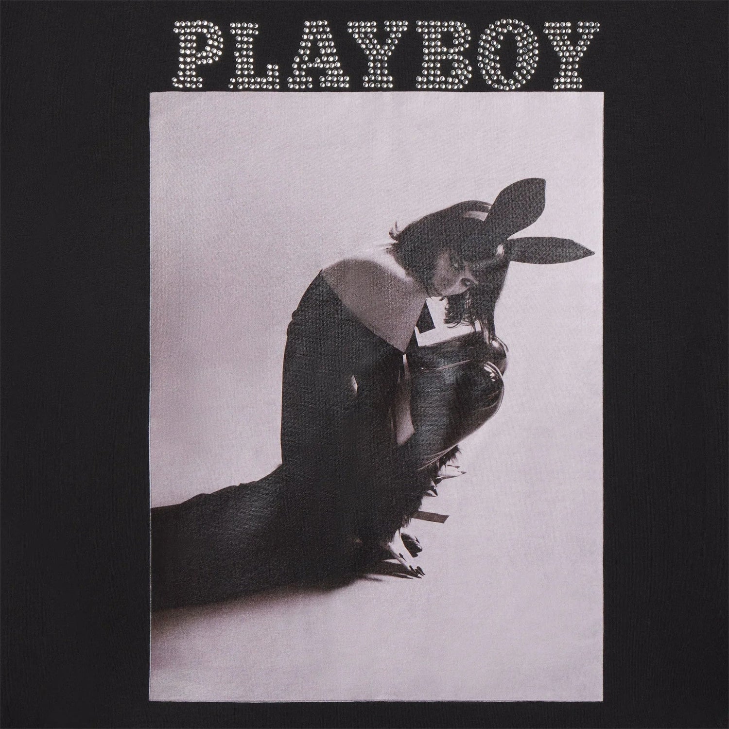 Black crewneck featuring rhinestone PLAYBOY text and vintage bunny costume photo print