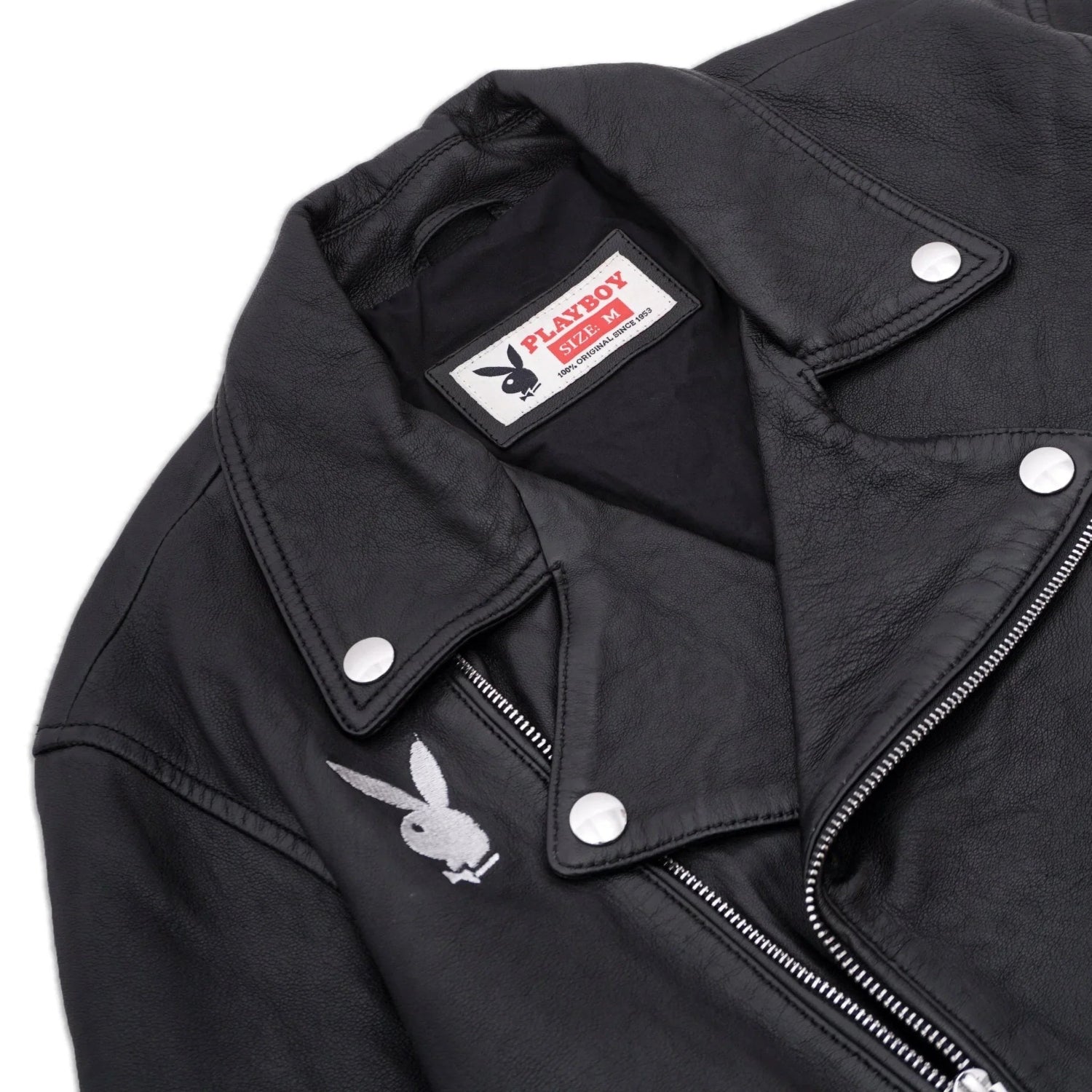 Men's black leather jacket with silver buttons, zipper, and rabbit head logo on chest