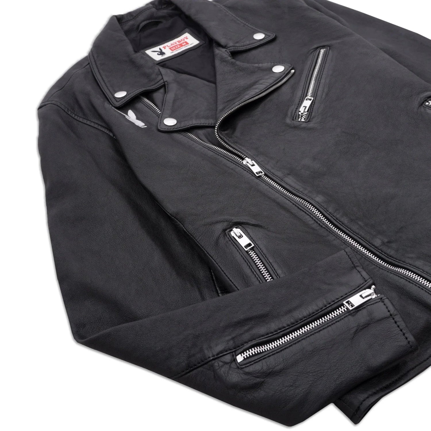 Men's black leather biker jacket with silver zippers and lapel pin detail
