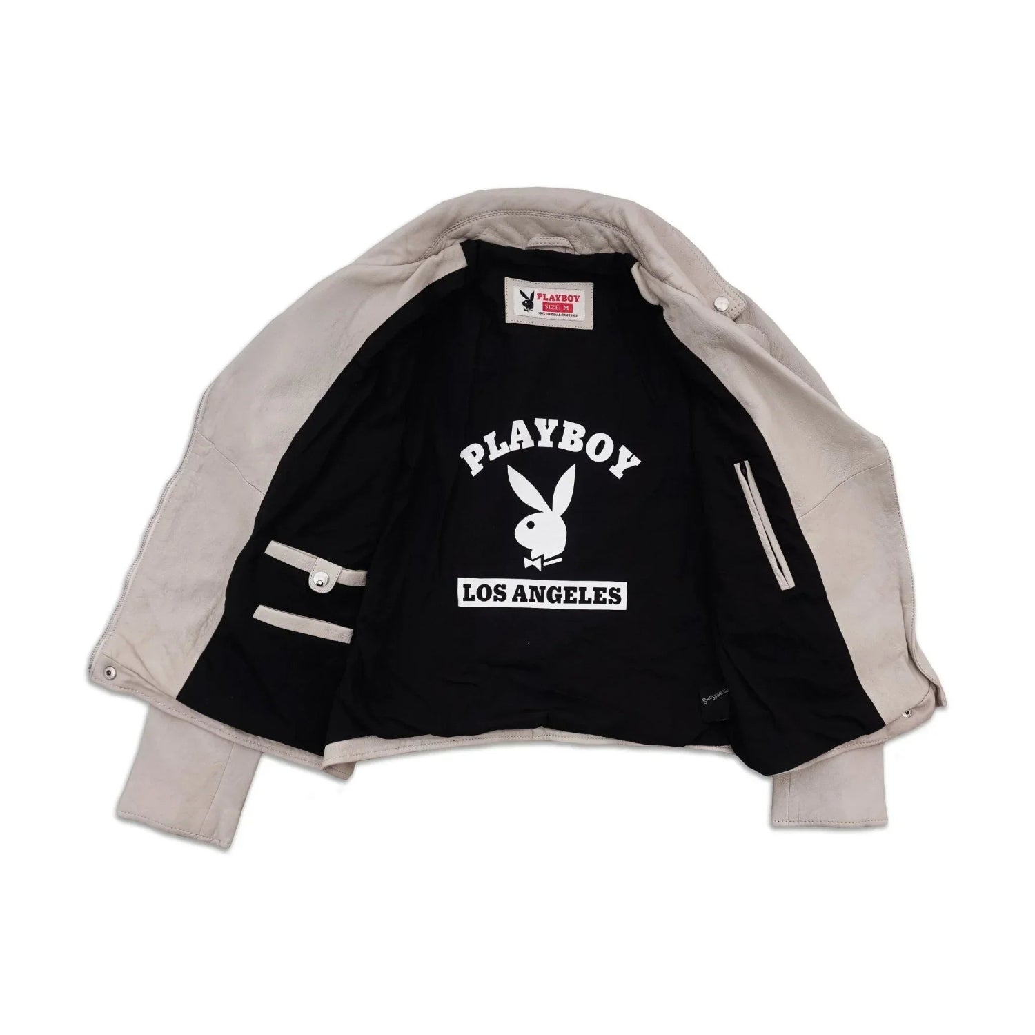 Women's beige leather jacket with black interior featuring Playboy Los Angeles logo