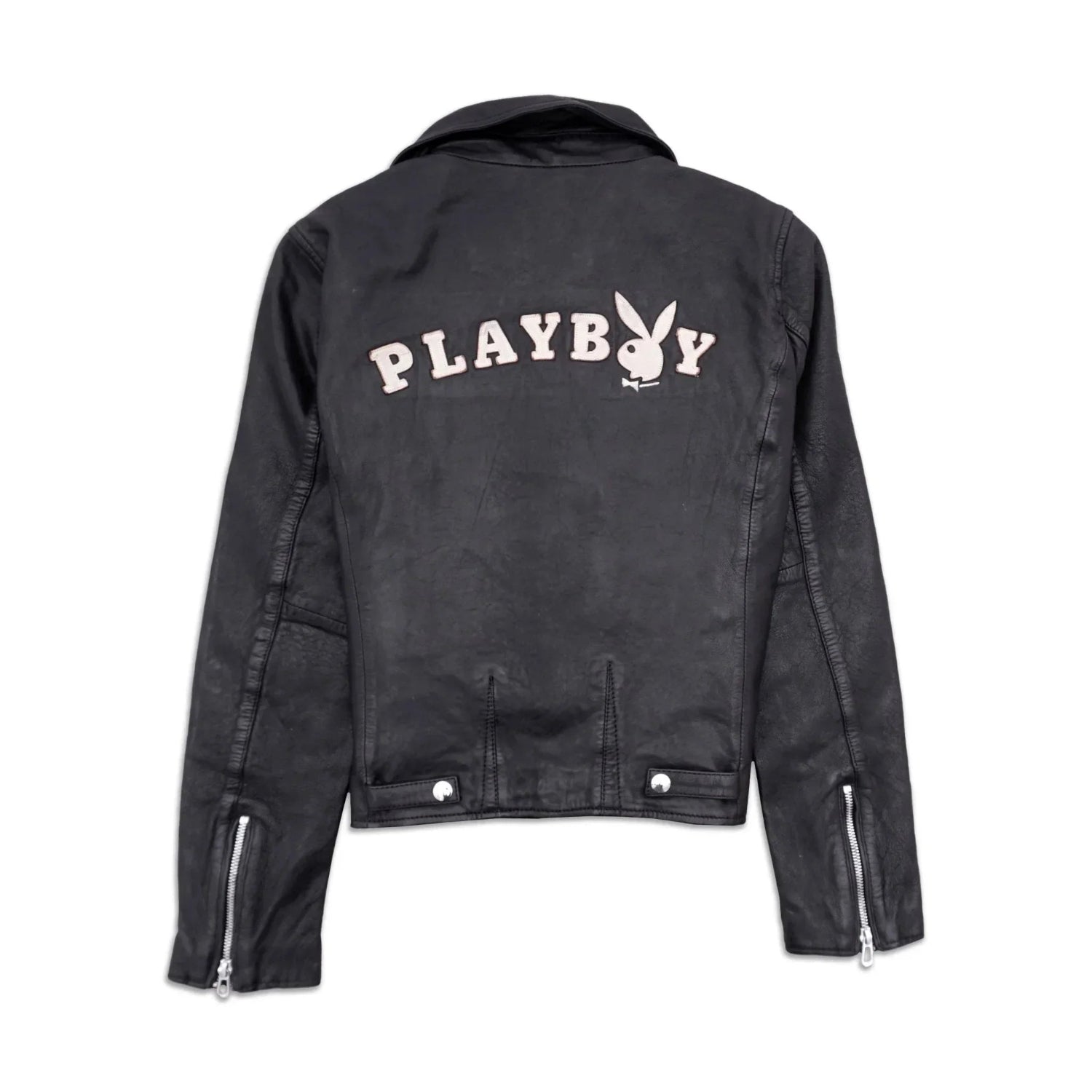 Women's black leather jacket with PLAYBOY logo and bunny graphic on the back, zippers on sleeves.