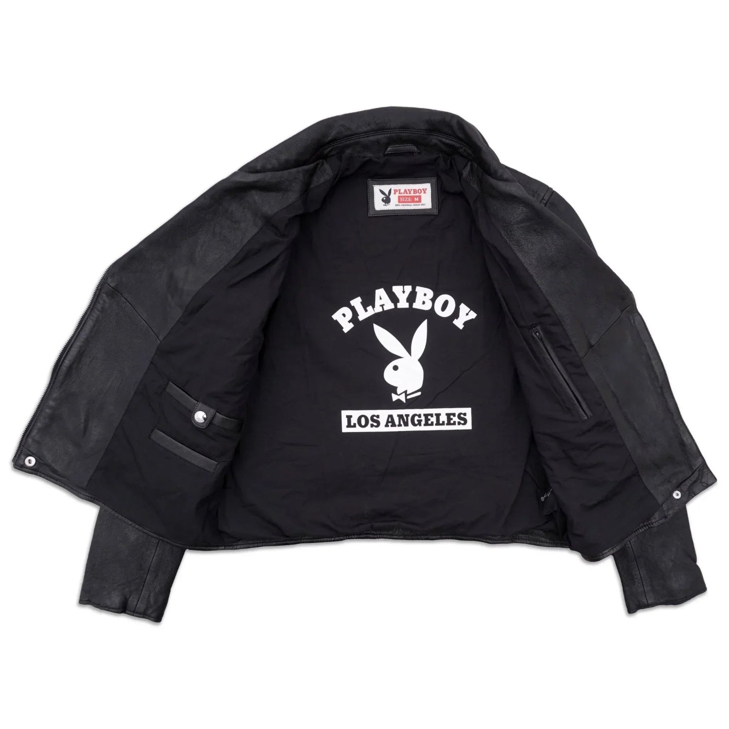 Women's black leather jacket open to show 'Playboy Los Angeles' lining and bunny logo