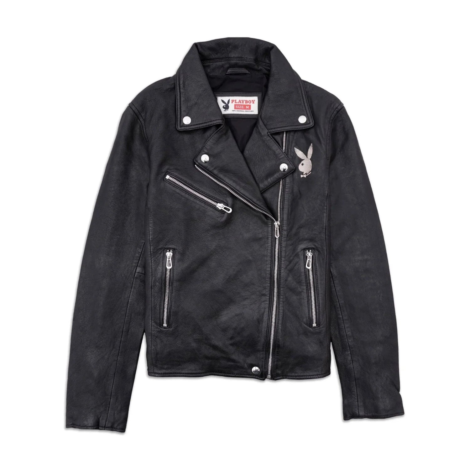Women's black leather biker jacket with silver zippers and embroidered bunny logo patch