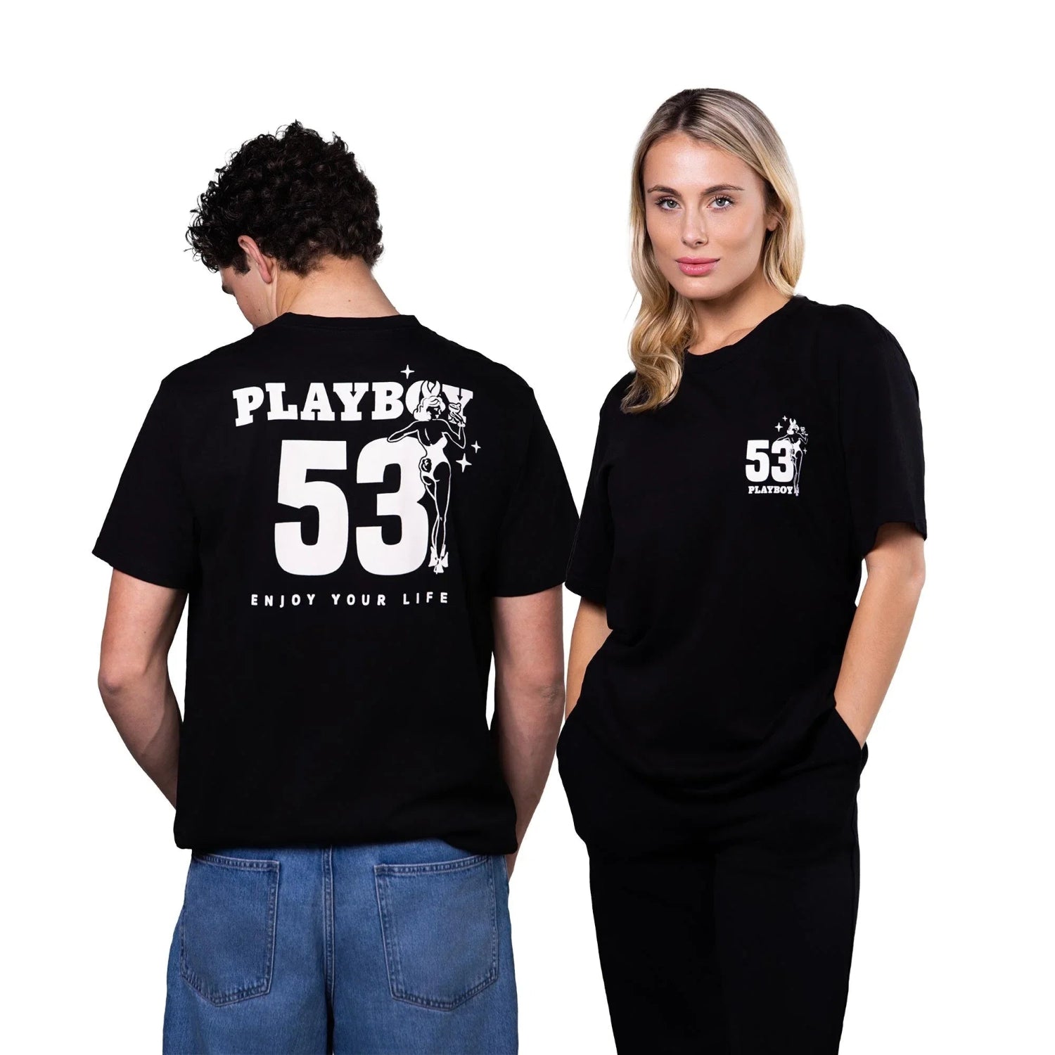 Two models wearing black graphic tees with '53' print and illustrated woman, casual style