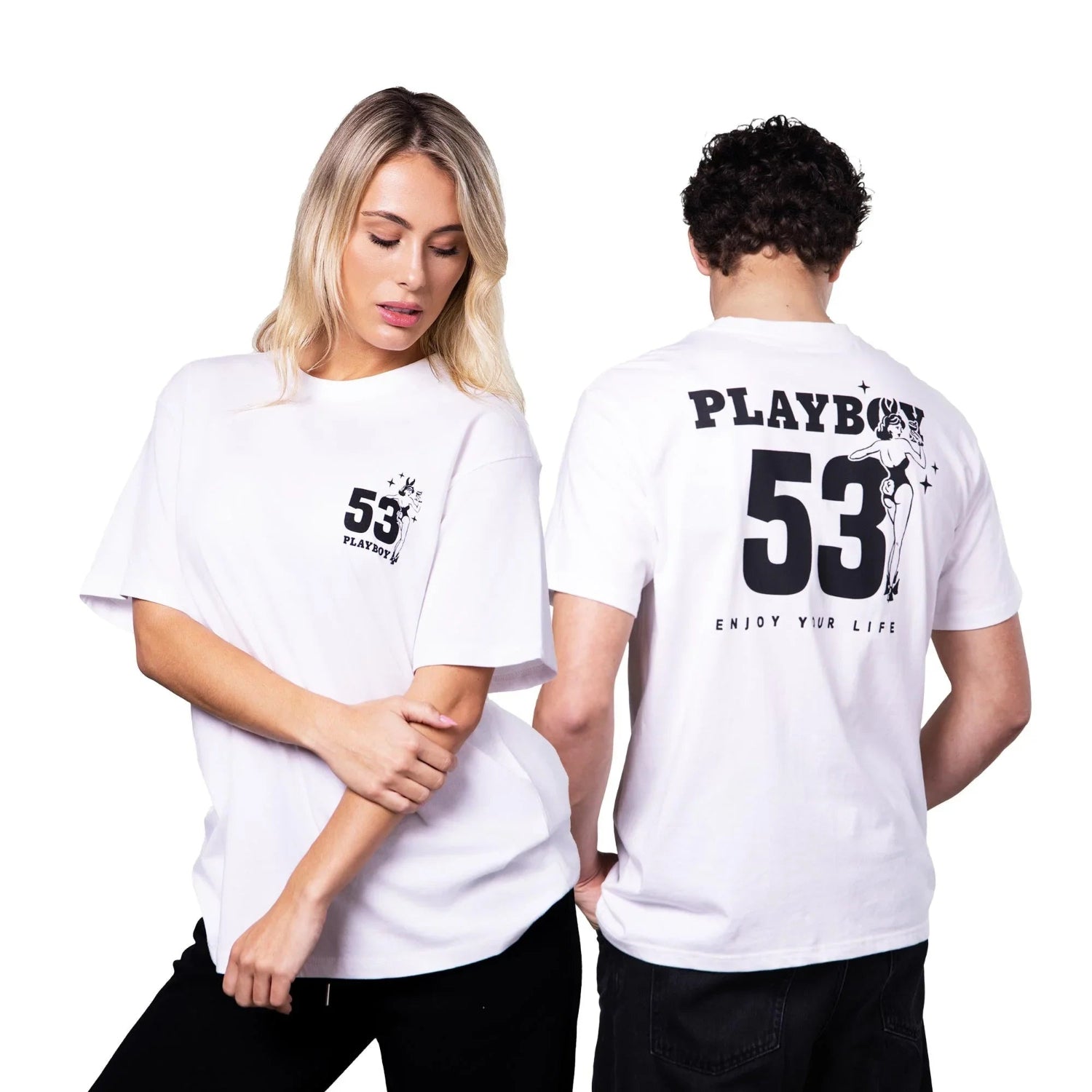Two models wearing white graphic t-shirts with 'Playboy 53' and cartoon artwork, front and back view