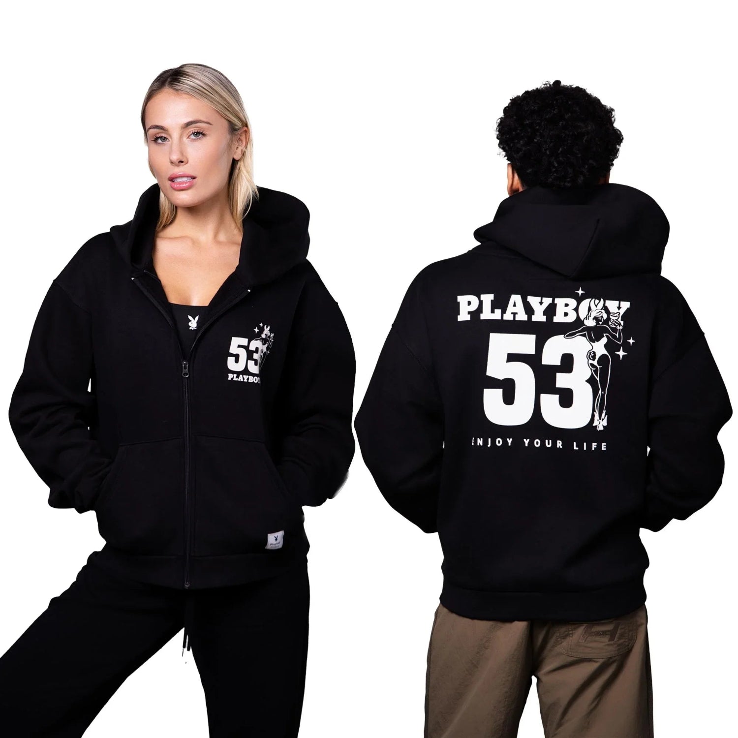 Black zip-up hoodie with '53' and graphic print, shown on male and female models front and back.