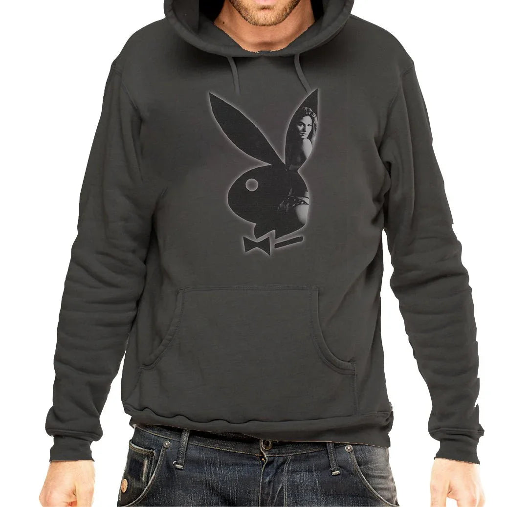 Men's black hoodie with bunny logo graphic and shadowy print design on front