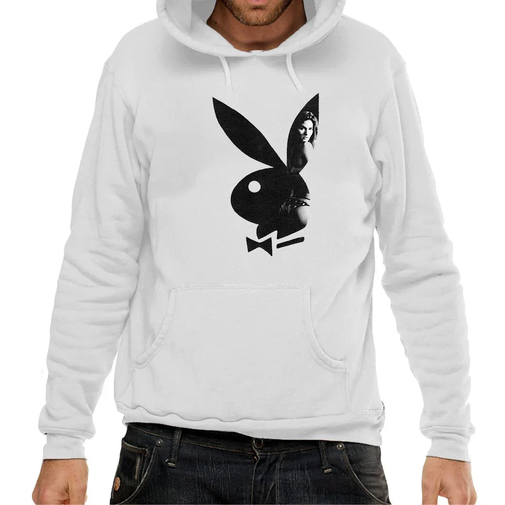 White hoodie featuring large black bunny logo with a woman's face silhouette on the front
