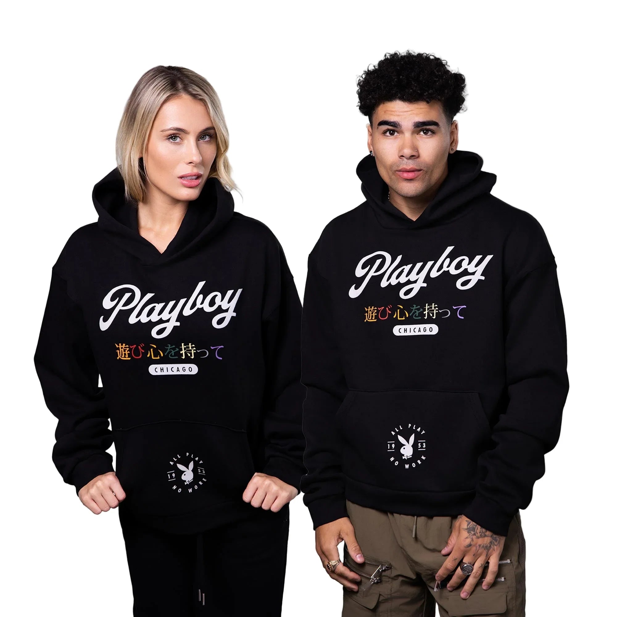Two models wearing black Chicago graphic hoodies with multicolored Japanese text and logo