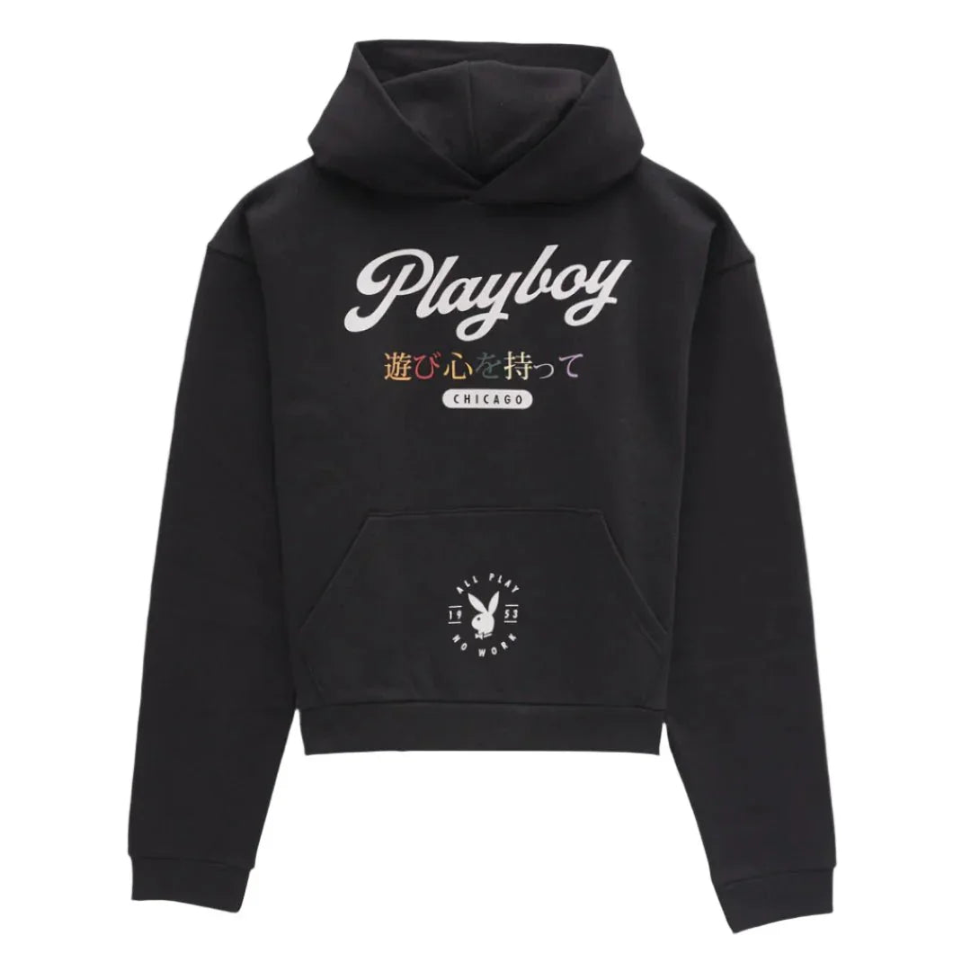 Black hoodie with 'Playboy' and Japanese text, Chicago patch, and white bunny logo on pocket.