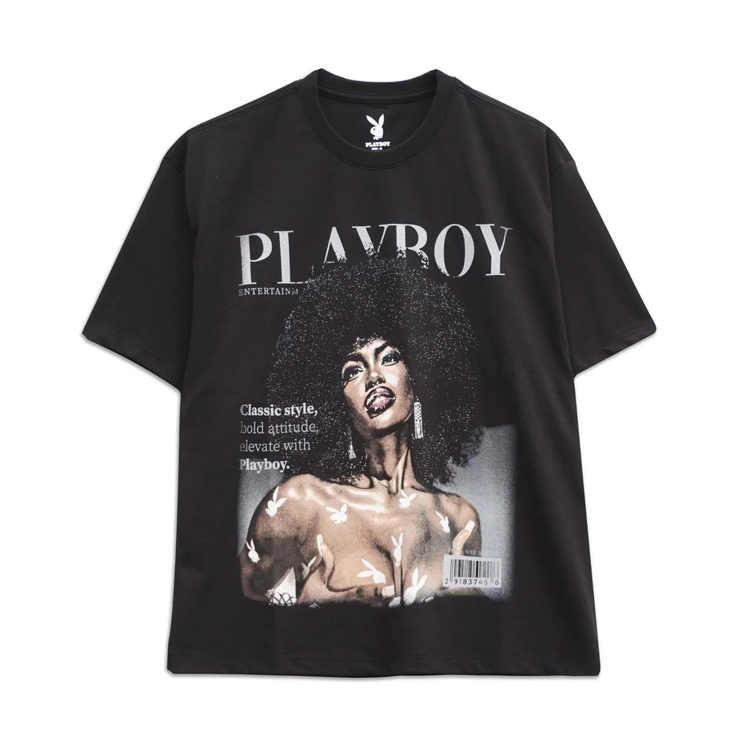 Black graphic tee featuring a bold illustration of a woman with afro and Playboy magazine cover design
