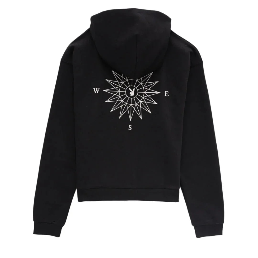 Black zip hoodie featuring a white compass design and bunny logo on the back